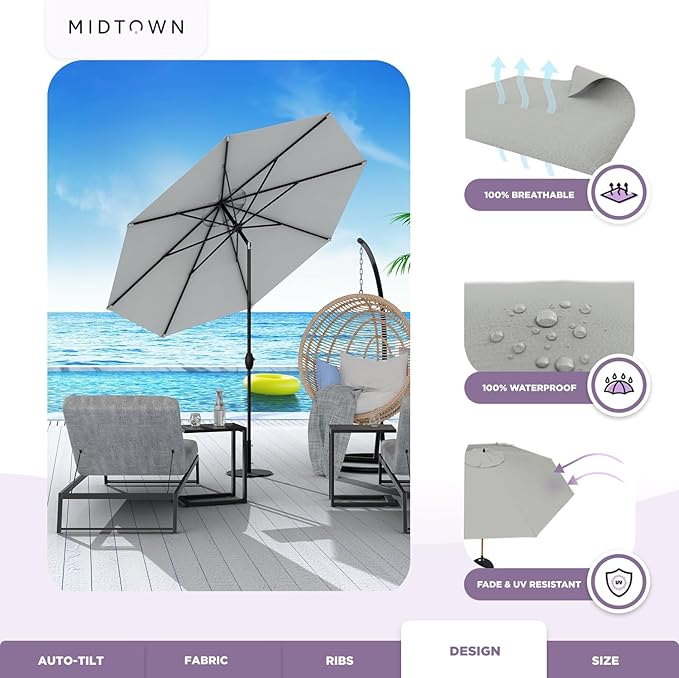 Midtown Umbrellas 10-Year-No-Fade - 10 Ft - UV Proof Matter (Grey) Polyester Fabric - Umbrella Outdoor Patio, Aluminum Frame Large Patio Umbrella for Garden, Pool & Deck - Black Pole