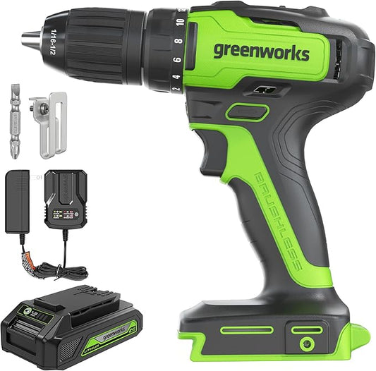 Greenworks 24V Brushless Cordless Drill Kit, 310 in./lbs, 18+1 Position Clutch, 1/2 '' Keyless Chuck, Variable Speed, Battery With 2A Charger, LED Light