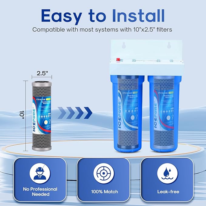 ICEPURE 2.5" x 10" Whole House Water Filter Combo Kit, KDF Filter Cartridge and Upgraded Coconut Shell Activated Carbon Lead Remove Filter Replacement for 10 Inch Water Filter System, 2 PACK
