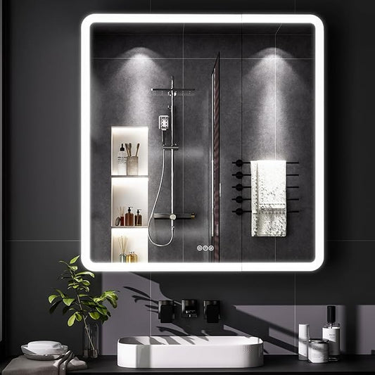 LED Bathroom Medicine Cabinet with Mirror, 30 Inch x 32 Inch Bathroom Mirror Cabinet with Door & Adjustable Shelves, Surface Mount or Recess Installation