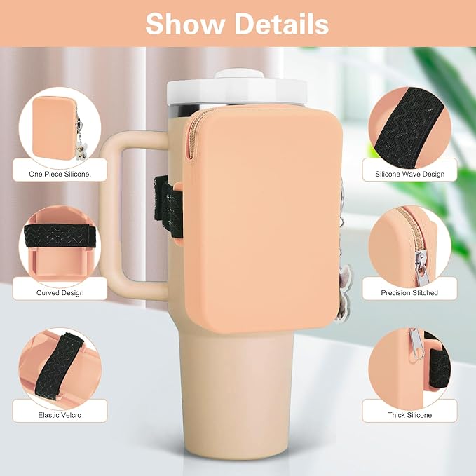 Water Bottle Pouch for Stanley Tumbler,Silicone Waterproof Fanny Pack for Stanley Cup 30/40oz Universal,Large Capacity Durable Tumbler Pouch-Pink