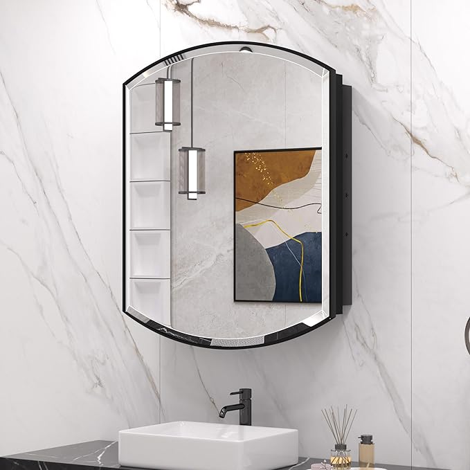 Keonjinn Black Medicine Cabinet with Mirror 24” x 30”, Metal Framed Wall Cabinet with Beveled Mirror, Surface Mount or Recessed Medicine Cabinet for Bathroom, Bathroom Mirror with Storage