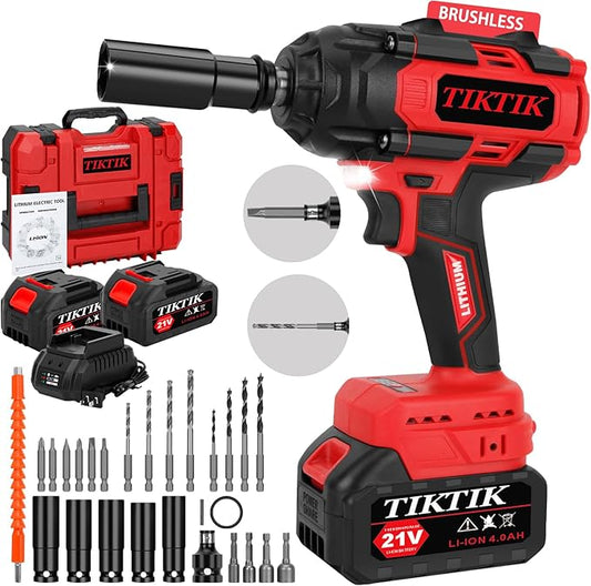 TIKTIK 850Nm Cordless Impact Wrench,1/2" Cordless Impact Gun w/ 2x 4.0Ah Battery,3300RPM Brushless Impact Wrench,640Ft-lbs High Torque Electric Impact Driver Set for Car/DIY Furniture/Lawn Mower