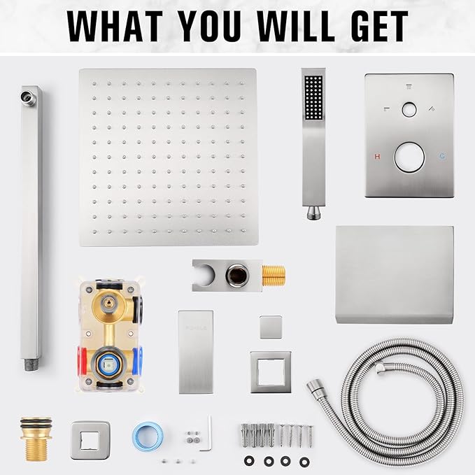 12 Inch Rainfall Shower System with Tub Spout Wall Mounted Complete Combo with Solid Brass Pressure Balancing Valve, High Pressure Shower Head, Handle Set & Installation Accessories