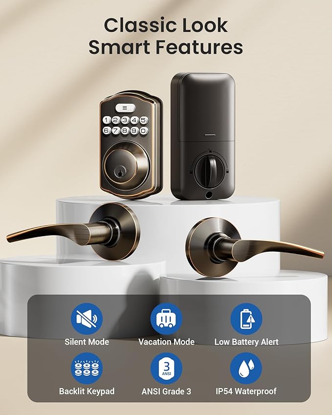 Veise Keyless Entry Door Lock with 2 Lever Handles - Electronic Keypad Deadbolt, Easy Installation Digital Smart Front Door Lock Set, Oil Rubbed Bronze