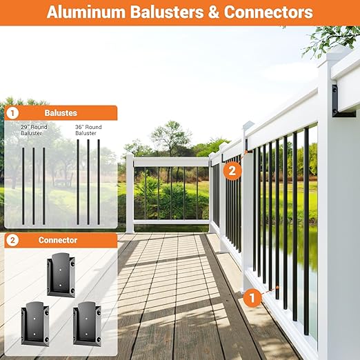 60 Pack 36-Inch Aluminum Deck Balusters, 3/4" OD Hollow Round Deck Spindle with Drill Bit, Metal Black Porch Picket for Deck Railing Fencing Outdoor Indoor Staircase