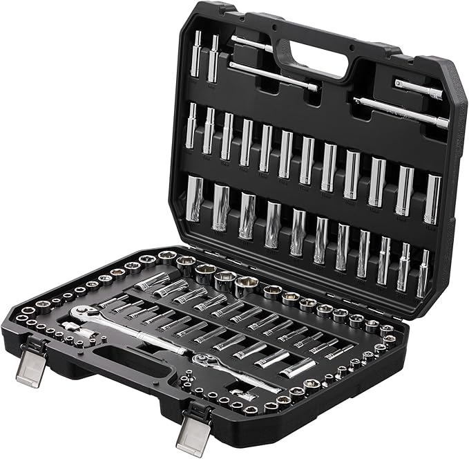 VEVOR Socket Set, 1/4" and 3/8" Drive Socket and Ratchet Set, 6-Point Socket Opening, 106 Pcs Tool Set SAE and Metric, Deep and Standard Sockets, 5/32-1 in, 5-19 mm, with Accessories, Storage Case