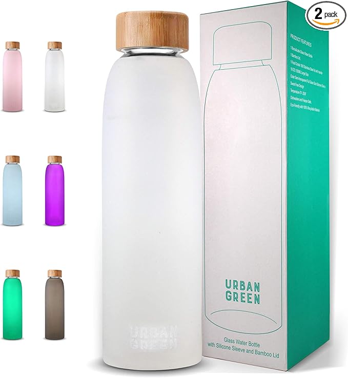 Urban Green Glass Water Bottle with Protective Silicone Sleeve and Bamboo Lid, 18oz, 1extra 304 Stainless Steel Lid with Handle, BPA Free, Dishwasher Safe, Gift Box