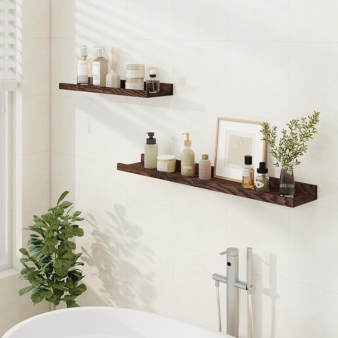 Floating Picture Ledge Shelves 36 Inch Solid Oak Wood Set of 2, Rustic Wall Storage Shelves with Lip, Kids Bookshelf, Photo & Picture Ledge Shelves for Bedroom, Living Room, Kitchen