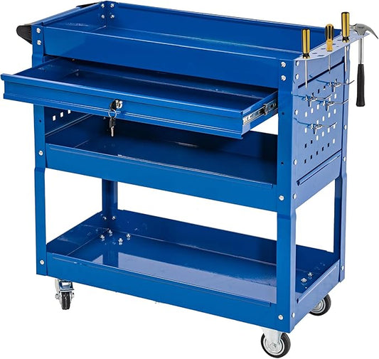 SUN & SUMMER 3-Tier Rolling Tool Cart with Wheels, Rolling Tool Chest 330 LBS Capacity Heavy Duty Utility Industrial Service Cart with Locking System Drawer for Garage, Warehouse, Repair Shop (Blue)