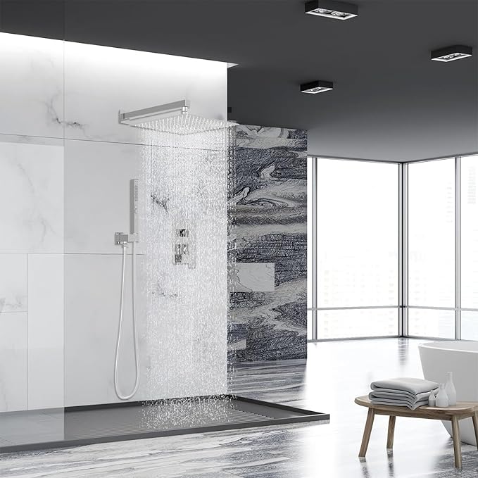 RUMOSE Polished Chrome Rainfall Shower System 12 Inch High Pressure Square Head with 2 in 1 Handheld Spray Wall Mount Brass Bathroom Shower Faucet Set with cUPC Certified Rough-in Valve