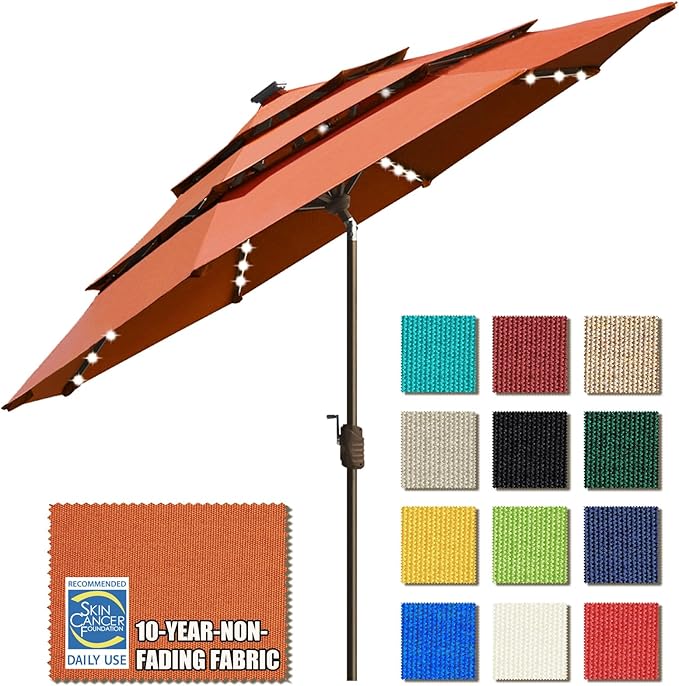 EliteShade USA 10-Year-Non-Fading Solar 9ft 3 Tiers Market Umbrella with 80 LED Lights Patio Umbrellas Outdoor Table with Ventilation,Rust
