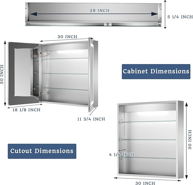ExBrite LED Lighted Bathroom Medicine Cabinet with Mirror, 30 x 30 Inch, Recessed or Surface Mount, Anti-Fog, Stepless Dimming, Color Temperature Change, Built-in 6000K Sensor Light, Storage Shelves