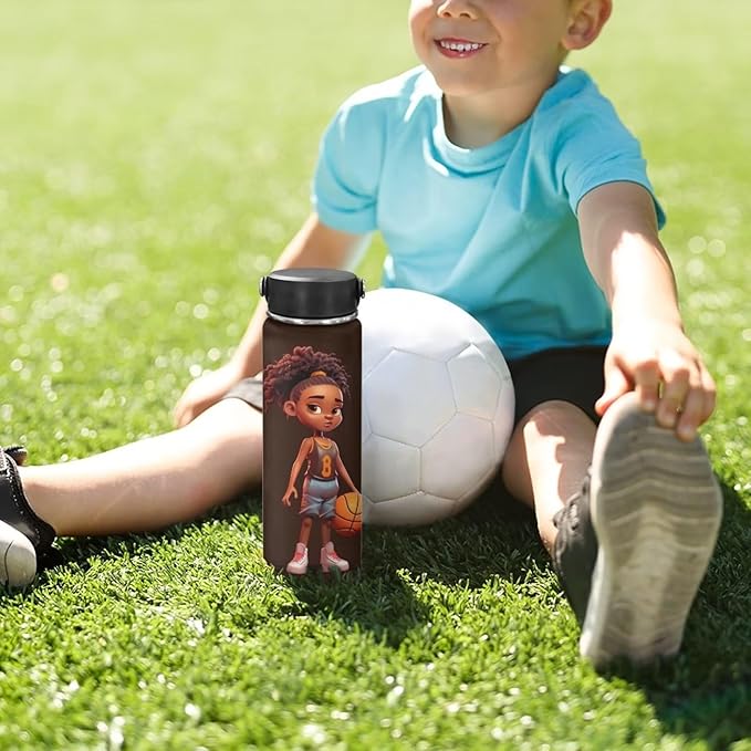 ZOUTAIRONG African Black Girl Basketball Insulated Water Bottles with Handle Stainless Steel Water Bottle for Kids, Cold & Hot Water Bottle 18 oz, Afro American Travel Cup, Wide Mouth Flask for School