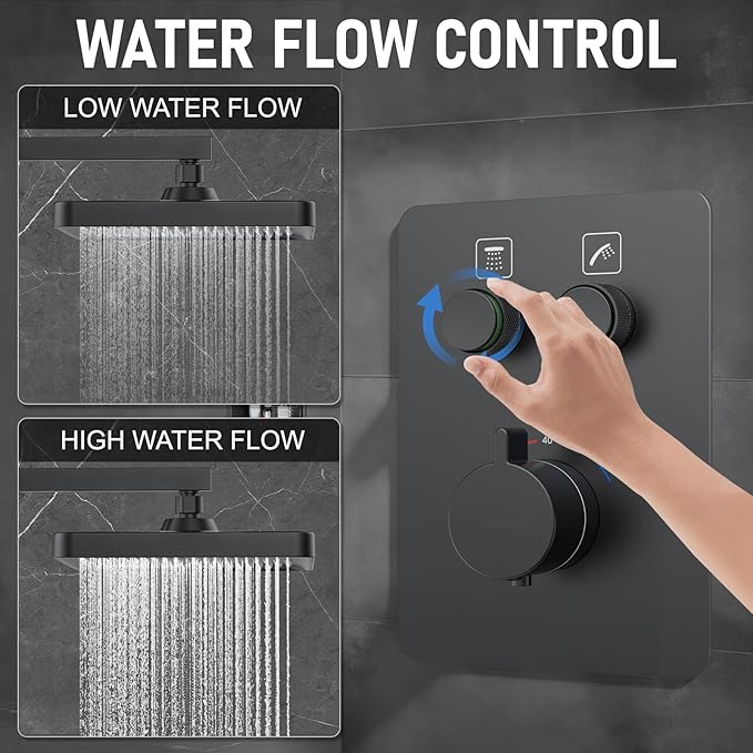 Thermostatic Shower System 13-Inch Rainfall Shower Head - 3 Setting Handheld Sprayer, Complete Bathroom Set with Faucet Mixer Trim Kit & Valve Matte Black