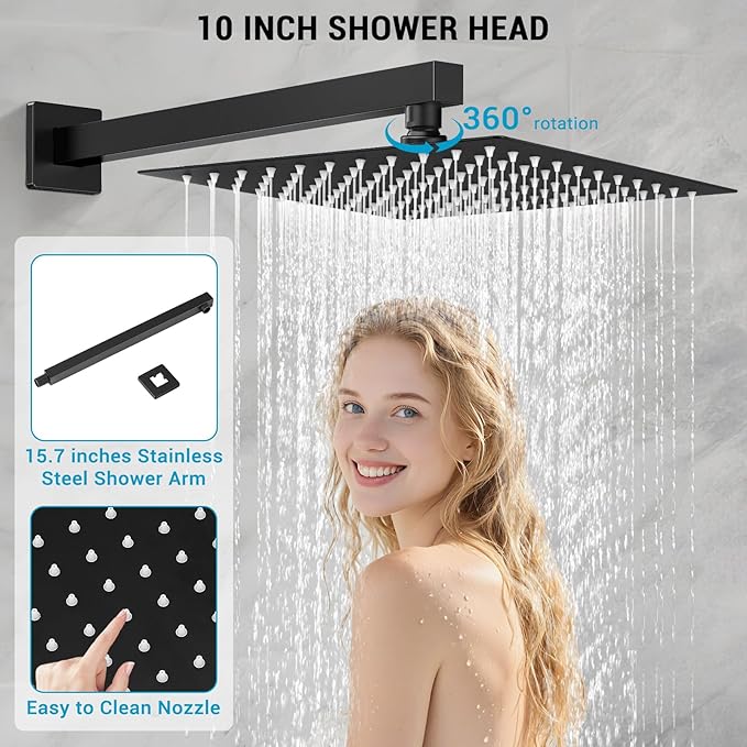 Rain Shower Faucet Set Wall Mounted Rainfall with Tub Spout Shower Head System Rough-in Valve Body and Trim Included Black (10 Inches)