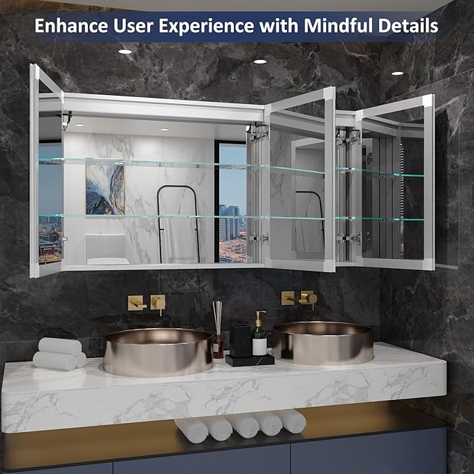 60"×32" Lighted Bathroom Medicine Cabinet with Mirror, Recessed Medicine Cabinet Mirror with Lights, Three Door LED Bathroom Mirror with Outlet & Clock, Dimming, Defogger, Memory Function