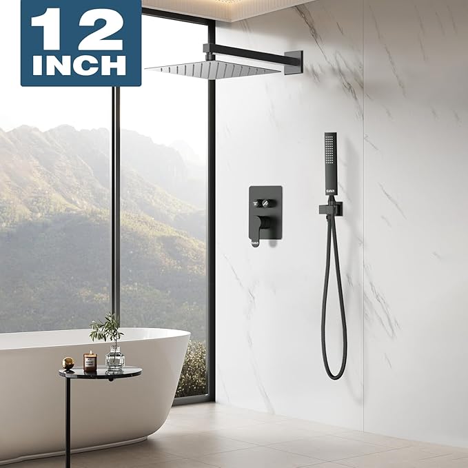 Rainfall Shower System with Handheld Spray and 12" Rain Shower Head, Can Be Use at Same Time, Push Button Multi Shower Head System for 2 People, Matte Black