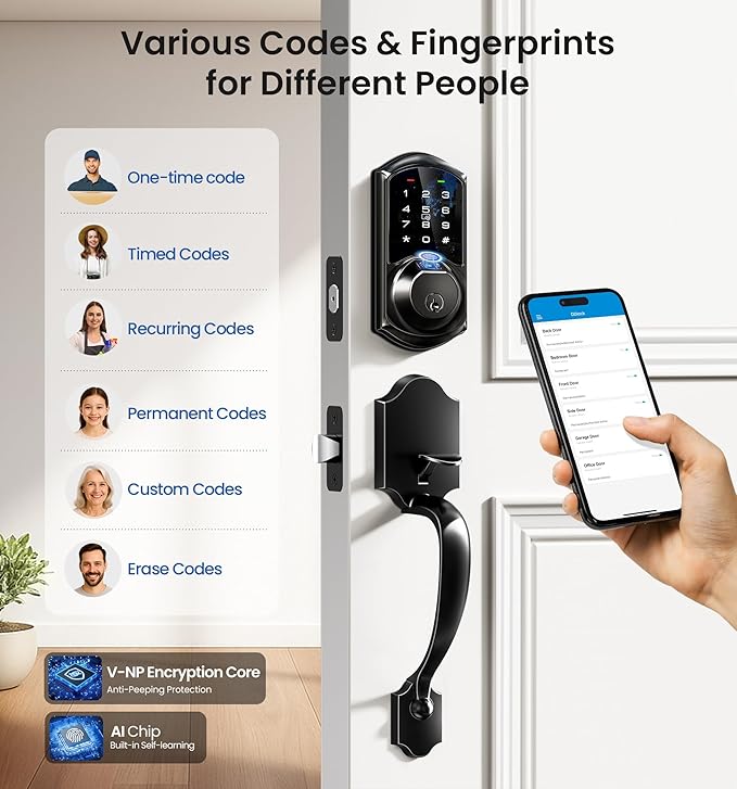 Veise VE07-H Fingerprint Smart Locks for Front Door with Handle Set, App Control, Keyless Entry Keypad Deadbolt, Digital Electronic Touchscreen, Easy Install, Auto Lock, Matte Black