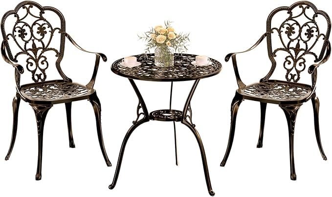 Patio Bistro Set of 2, Cast Aluminum, Outdoor Set w/Umbrella Hole, 3 Piece Table and Chairs Set, Bistro Set for Backyard/Garden/Lawn, Bronze