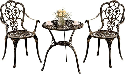 Patio Bistro Set of 2, Cast Aluminum, Outdoor Set w/Umbrella Hole, 3 Piece Table and Chairs Set, Bistro Set for Backyard/Garden/Lawn, Bronze
