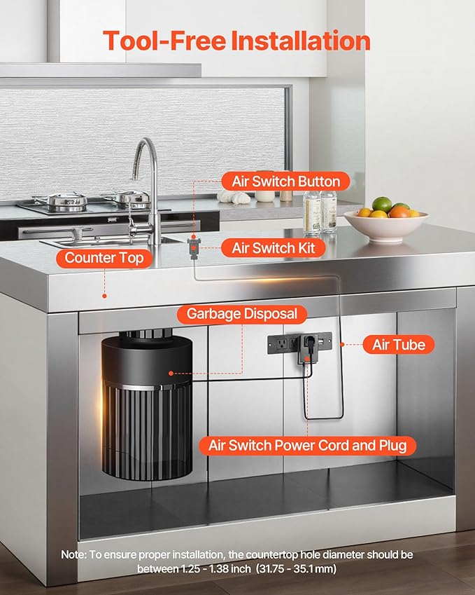 VEVOR Garbage Disposal Air Switch Kit, 2.5" Sink Top Air Switch for Food Waste Disposal, Polished Stainless Steel ON/OFF Air Push Button for Waste Disposer - Suitable for Stainless Steel Countertops