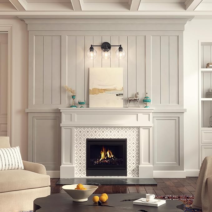 VONLUCE Bathroom Light Fixtures, 3-Light Vanity Light with Globe Glass Shades E26 Sockets, Bathroom Lights Over Mirror for Bedroom Hallway Living Room, Black Finish