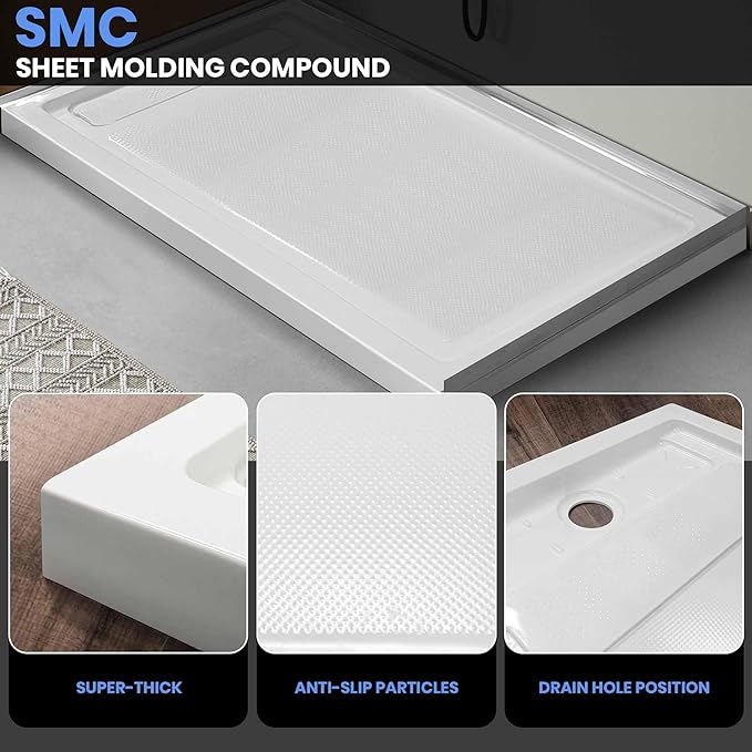 Shower Base in White Left Drainer Cover, Rectangular Shower Pan 60 "×32"×2.8", Anti-Slip Acrylic Shower Base for Bathroom