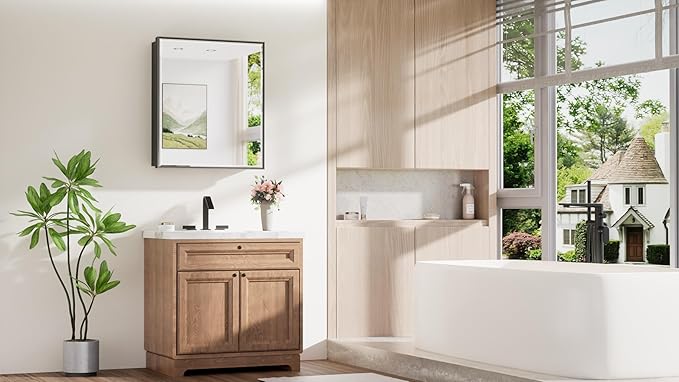 TokeShimi 26x30 Recessed Medicine Cabinet with Mirror Wall Mounted, Metal Beveled Mirror with Storage for Bathroom Vanity, Aluminum Alloy Medicine Cabinet Mirrored Black