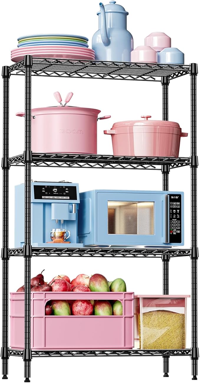 IZEUK 4 Tier Black Metal Storage Shelves, Heavy Duty Wire Shelving Rack for Garage, Kitchen, Bathroom, or Laundry Organization, 1000 lbs Capacity, 13.8" D x 35.4" W x 59.5" H