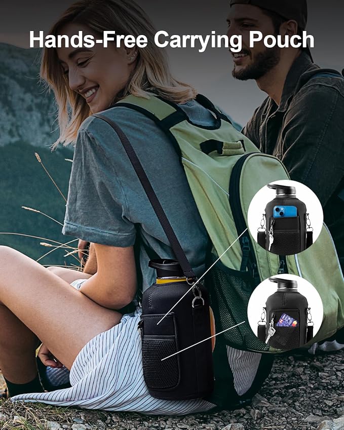 Trebo Half Gallon Water Bottle Insulated with Handle, 64 oz Double Wall Stainless Steel Metal Large Jug, Travel Flask with Straw Spout Lid, Mug Tumbler Cup with Carry Pouch, Keep Cold Hot, Orange