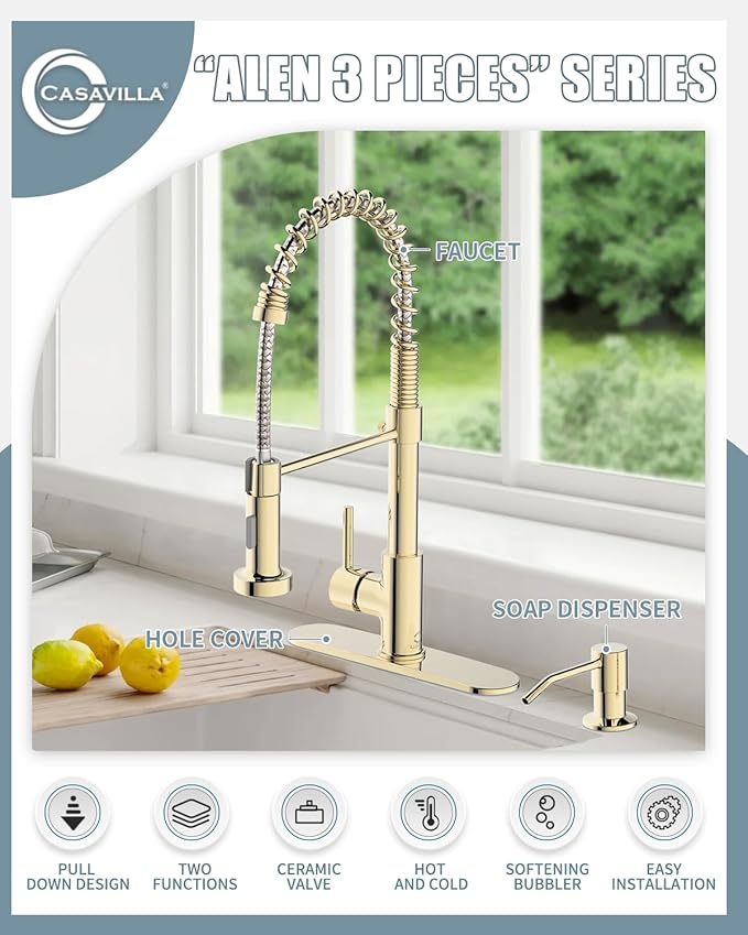Gold Kitchen Faucet, Kitchen Faucet with Soap Dispenser, Pull Down Kitchen Faucet with Sprayer, Single Handle Kitchen Sink Faucet with Dual Function Spray Head, Camper Laundry RV Faucet,PVD