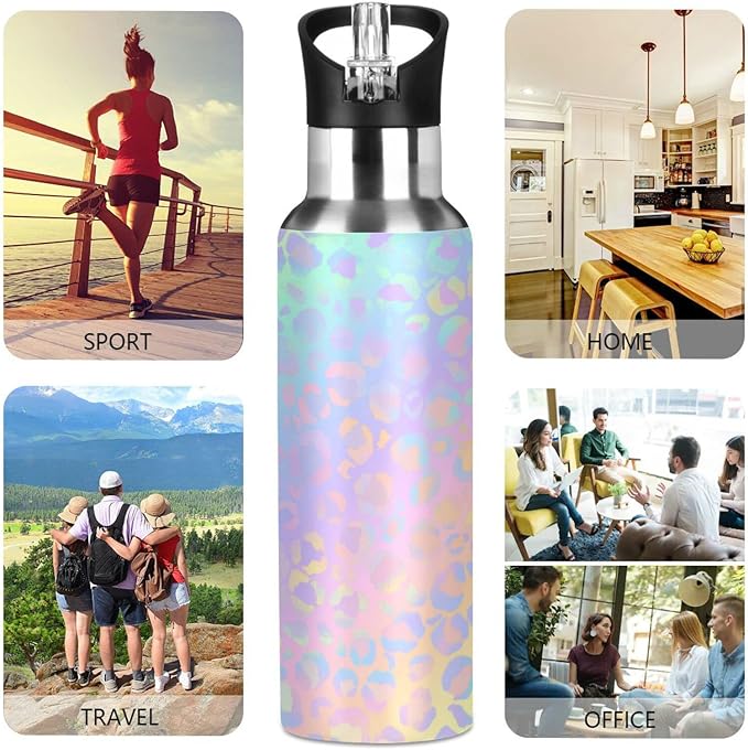 senya 34 Oz Water Bottle with Straw Rainbow Leopard Print Neon Stainless Steel Water Bottle for Traveling Sports Leakproof Insulated Water Bottle
