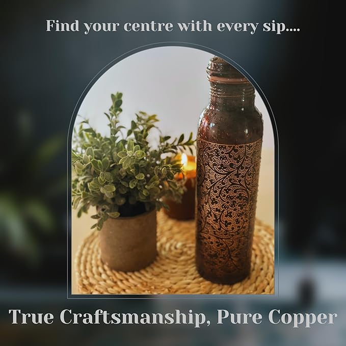 Kandisa Antique Etched Copper Water Bottle with a Canvas Bag | 32oz Pure Copper Water Bottle For Drinking | Anti Slip Bottom | Handcrafted by Artisans | Sustainable & Eco-friendly