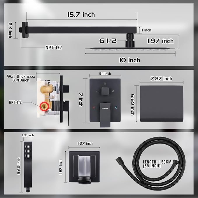 10 Inch Rainfall Shower System with Tub Spout Wall Mounted Complete Combo with Solid Brass Pressure Balancing Valve, High Pressure Shower Head, Handle Set & Installation Accessories Matte Black
