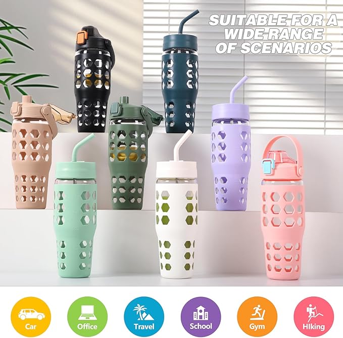 MUKOKO 32 oz Glass Tumbler with Straw,Glass Water Bottles with Time Marker,Iced Coffee Cup with 2 Lids-Handle Spout Lid&Straw Lid,Silicone Sleeve,Leakproof,1 Pack-Olive