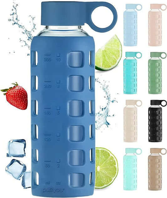 purifyou Premium 40/32 / 22/12 oz Glass Water Bottles with Volume & Times to Drink, Silicone Sleeve & Stainless Steel Lid Insert, Reusable Bottle for Fridge Water, Juice (12oz Chinese Porcelain)