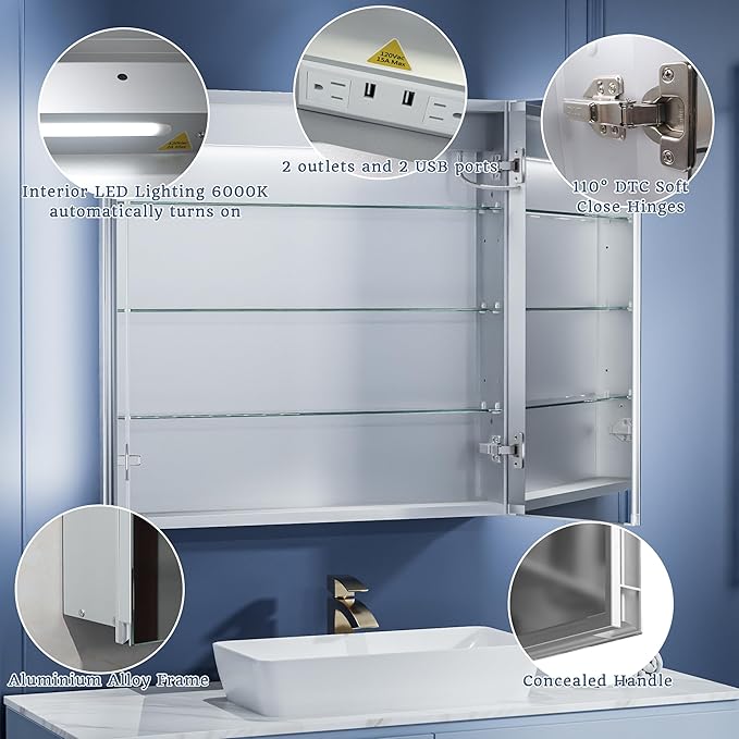 ExBrite LED Lighted Bathroom Medicine Cabinet with Mirror, 30 x 30 Inch, Recessed or Surface Mount, Anti-Fog, Stepless Dimming, Color Temperature Change, Built-in 6000K Sensor Light, Storage Shelves