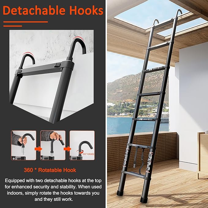 Telescoping Ladder 9.5 FT - Aluminum Telescopic Ladder with Hooks - Folding Extension Ladders for Home Work Loft Roof Attic RV Ladder with EN131 Certification - 330lbs Max Capacity (Black)