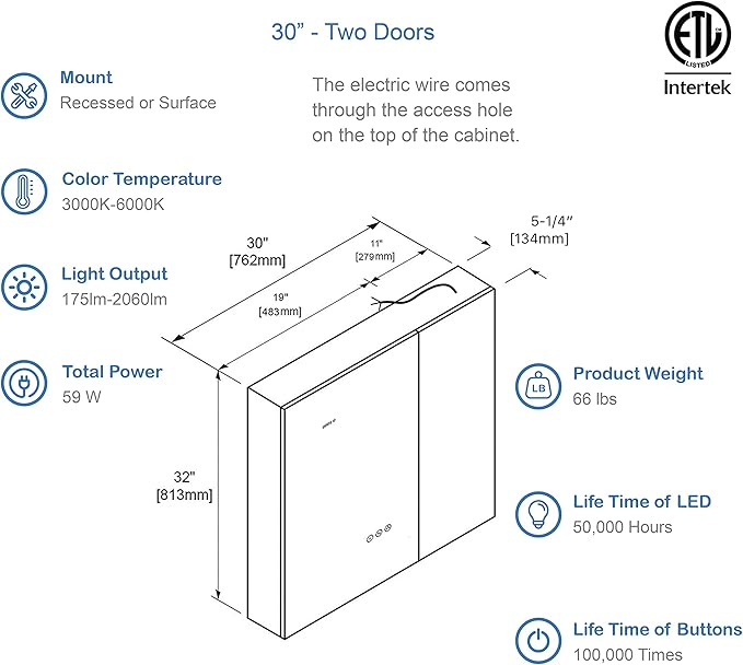 Blossom LED Lighted Mirror Medicine Cabinet, 30x32 Inch | Recessed or Surface Bathroom LED Medicine Cabinet with Mirror, Defogger, 3 Color Dimmer | 3X Makeup Mirror, Outlets & USB Ports