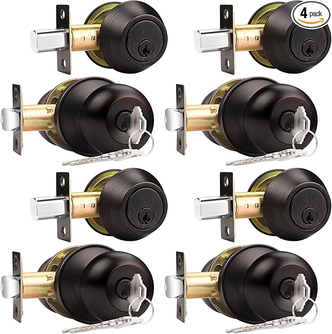 Probrico 4 Sets-Entry Door Knob Lockset and Single Cylinder Deadbolt Combination Set, Keyed Alike Front Handlesets in Oil Rubbed Bronze, Combo Pack Door Knobs Exterior,Contractor Pack