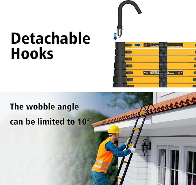 12.5 FT Telescoping Ladder with Hooks, ANSI Certified, Type I Heavy Duty, 330lbs Max Capacity, Aluminum Extension Ladder for Home, Roof, RV; Yellow