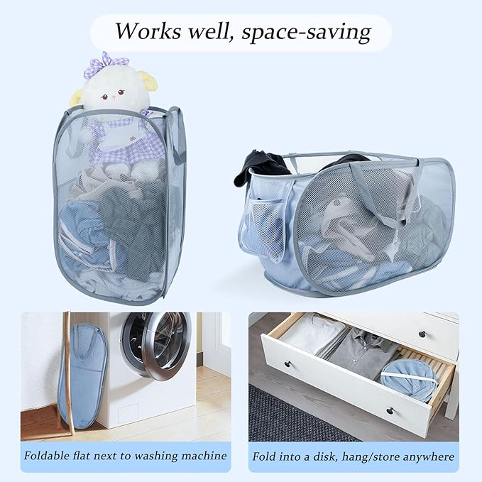 Extra Large Mesh Pop Up Laundry Hamper 2 Pack, 100L Foldable Laundry Baskets, Dirty Clothes Hamper with Pocket, Collapsible Hampers for Travel, Dorm or Home. Grey H+V