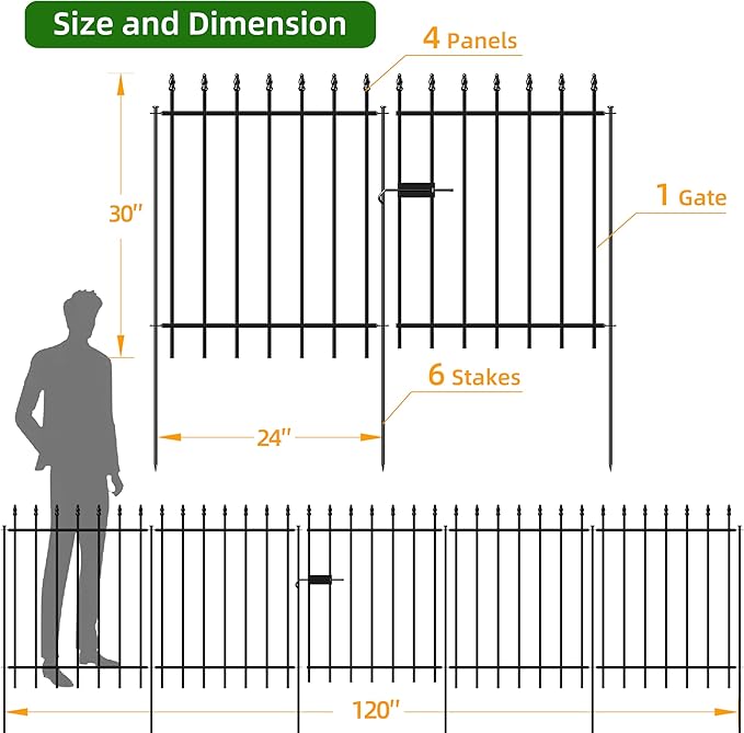 Metal Garden Fence with Gate 30 in H x 10 ft L, 1 Gate + 4 Panels Border Fence Panels Animal Barrier for Dogs, No Dig Garden Fencing for Yard Patio Flower Bed Lawn Outdoor, Black