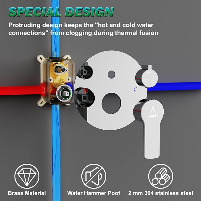 Shower Faucet Set 8IN Brass Rough-In Valve Body Trim Kit Rainfall Included Handle Accessories Complete 2 Functions with Rain Head and Handheld Bathroom Systems (8‘’, Chrome Polished)