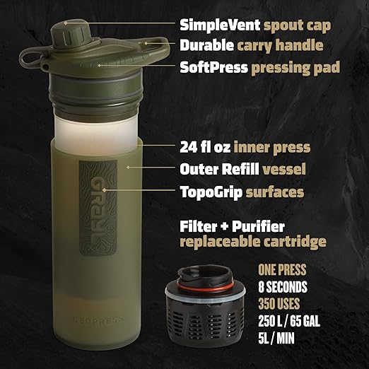 GRAYL GeoPress 24 oz Water Purifier Bottle - Filter for Hiking, Camping, Survival, Travel (Olive Drab)