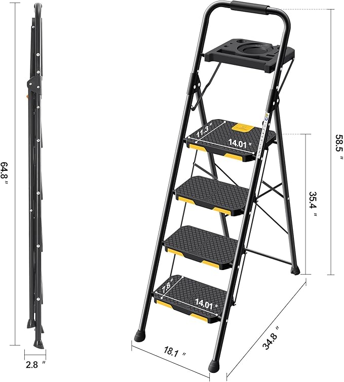 KINGRACK 4 Step Ladder with Tool Platform, Folding Step Stool with Wide Pedal, Safety Locking, Sturdy Steel Ladder Portable Safety Ladder for Painting Home Outdoor Garage