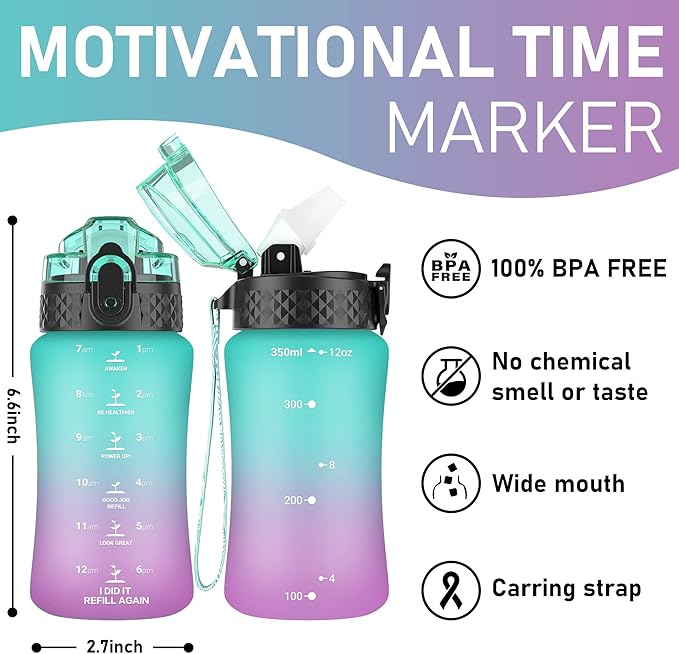 GOPPUS Kids Water Bottle with Straw Spout Lid 10pcs Stickers 12 oz Leak-proof BPA Free Motivational Time Marker Tritan Plastic Water Bottles for Girls Boys School Sports