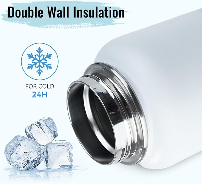 Stainless Steel Water bottle with Straw & Wide Mouth Lid, Wide Rotating Handle, 32oz Double Wall Vacuum Insulated Water Bottle Leak Proof, BPA Free, Keep Cold and Hot, 32oz, White Gradient