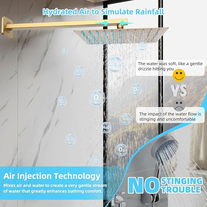 Bathroom Shower Faucet Set，12 Inch Rain Shower Head with Handheld Spray，Brass Shower Valve Trim Kit，Wall Mounted Square Rain Shower System (Brushed Gold)